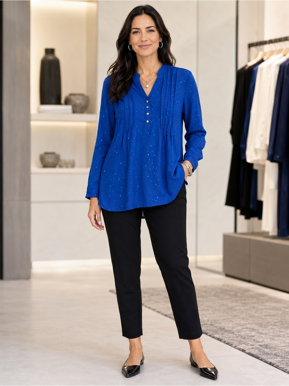 NWT Notations Women PL Blue Pintuck Sequin Tunic Blouse Stretch Petite Large